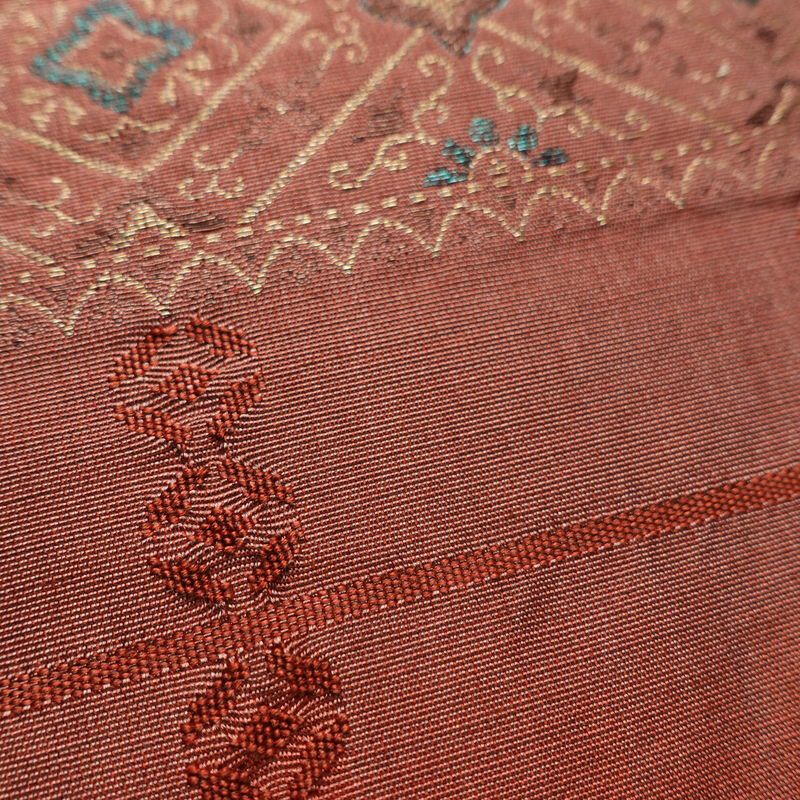 袋帯 全通柄 一般用 正絹 幾何学柄・抽象柄 リサイクル帯 帯 モダン 小豆・エンジ_画像5