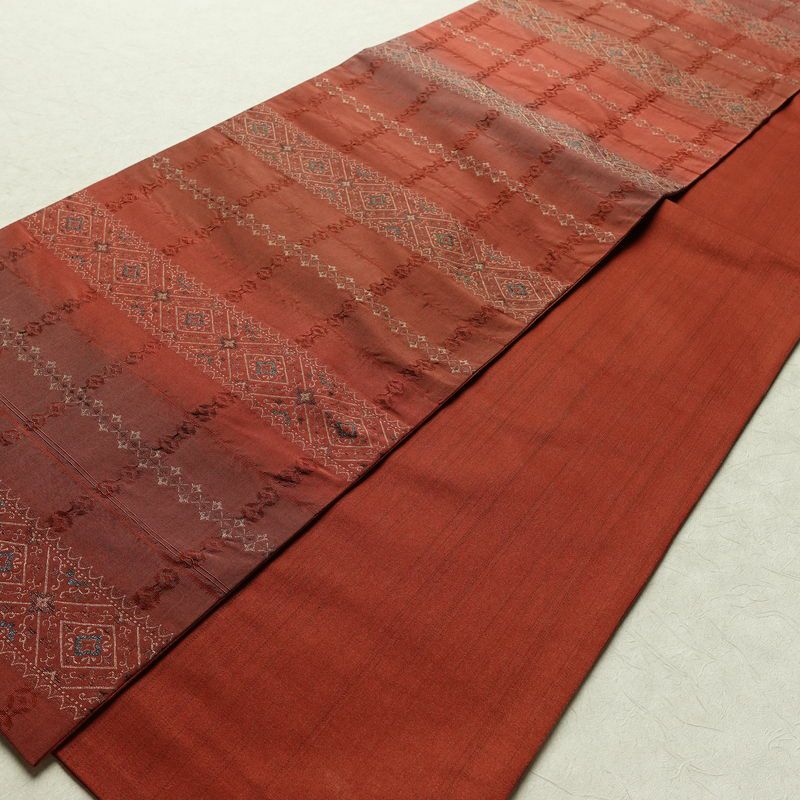 袋帯 全通柄 一般用 正絹 幾何学柄・抽象柄 リサイクル帯 帯 モダン 小豆・エンジ_画像8