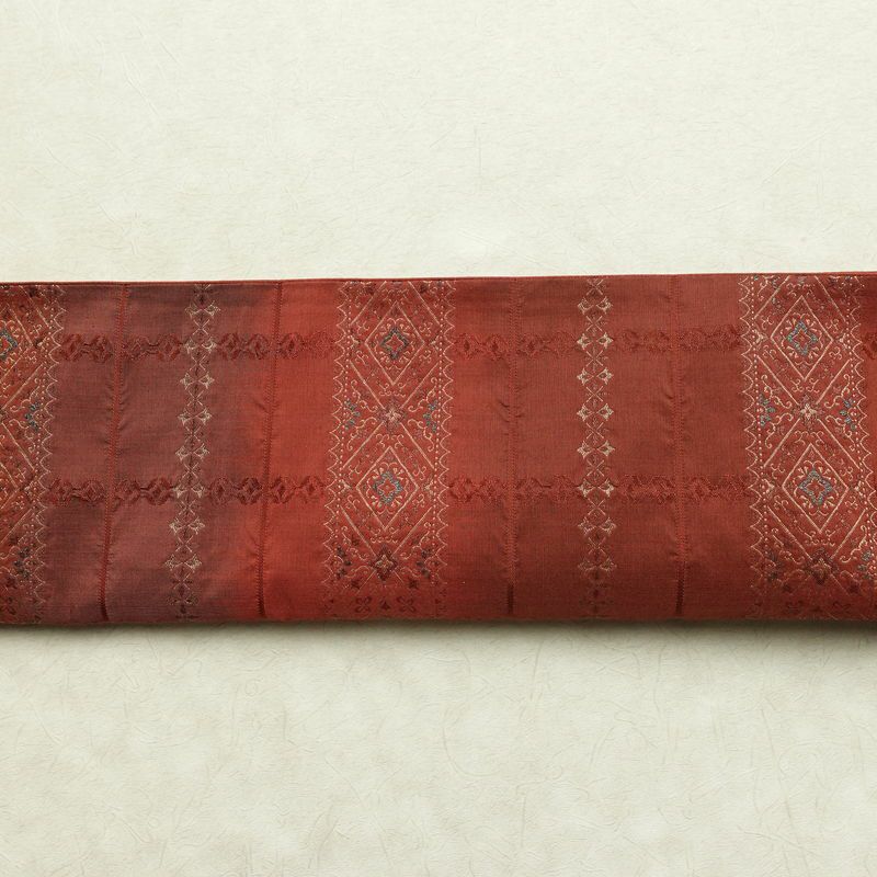 袋帯 全通柄 一般用 正絹 幾何学柄・抽象柄 リサイクル帯 帯 モダン 小豆・エンジ_画像14