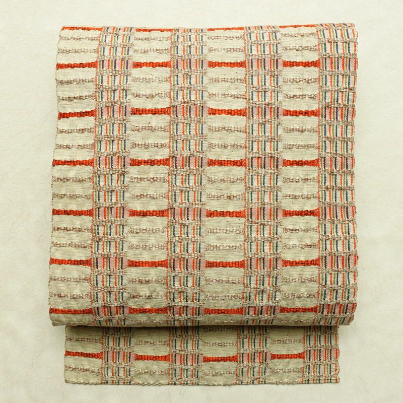 名古屋帯 全通柄 良品 正絹 幾何学柄・抽象柄 名古屋仕立て なごや帯 リサイクル帯 帯 おしゃれ 紬地 ベージュ_画像1