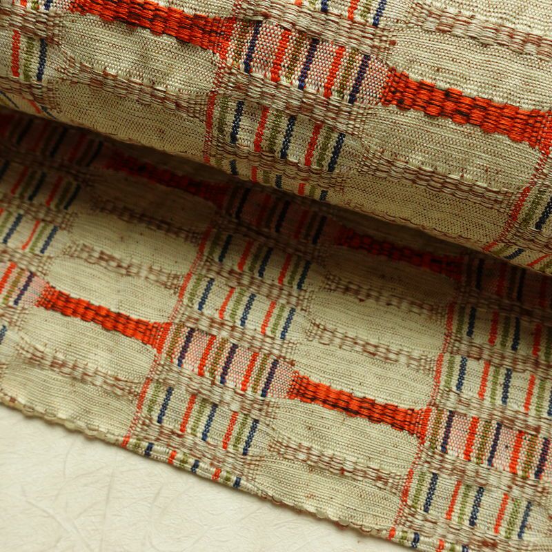 名古屋帯 全通柄 良品 正絹 幾何学柄・抽象柄 名古屋仕立て なごや帯 リサイクル帯 帯 おしゃれ 紬地 ベージュ_画像7