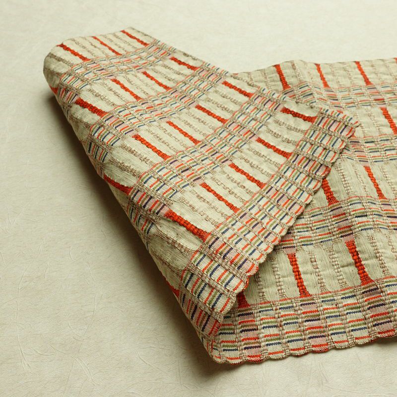 名古屋帯 全通柄 良品 正絹 幾何学柄・抽象柄 名古屋仕立て なごや帯 リサイクル帯 帯 おしゃれ 紬地 ベージュ_画像9