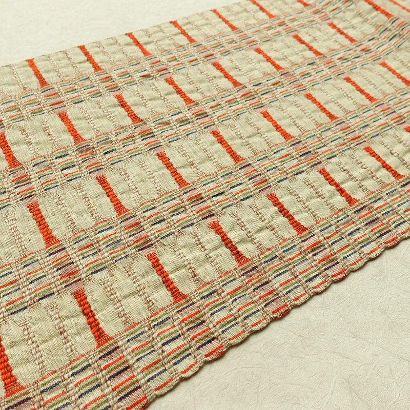 名古屋帯 全通柄 良品 正絹 幾何学柄・抽象柄 名古屋仕立て なごや帯 リサイクル帯 帯 おしゃれ 紬地 ベージュ_画像11