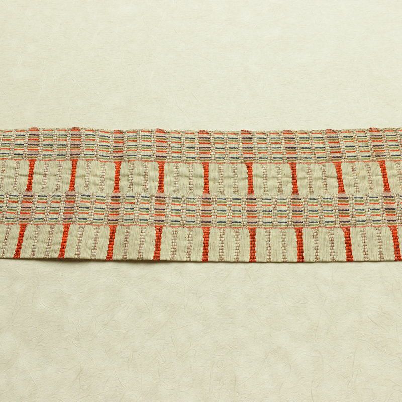 名古屋帯 全通柄 良品 正絹 幾何学柄・抽象柄 名古屋仕立て なごや帯 リサイクル帯 帯 おしゃれ 紬地 ベージュ_画像14