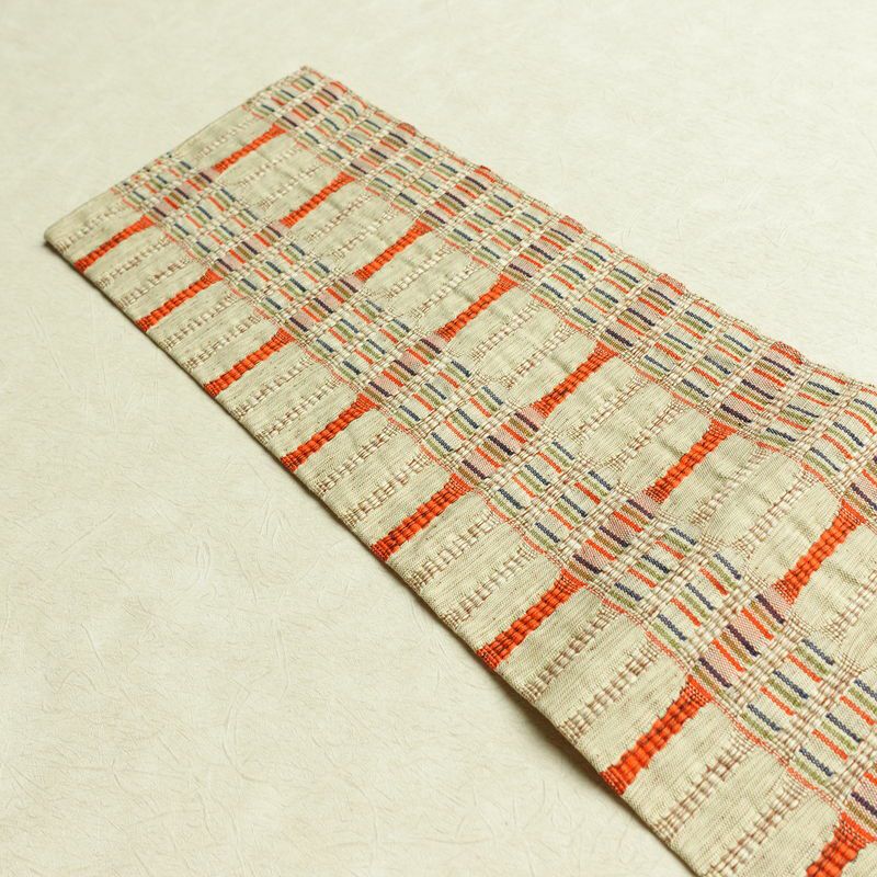 名古屋帯 全通柄 良品 正絹 幾何学柄・抽象柄 名古屋仕立て なごや帯 リサイクル帯 帯 おしゃれ 紬地 ベージュ_画像15