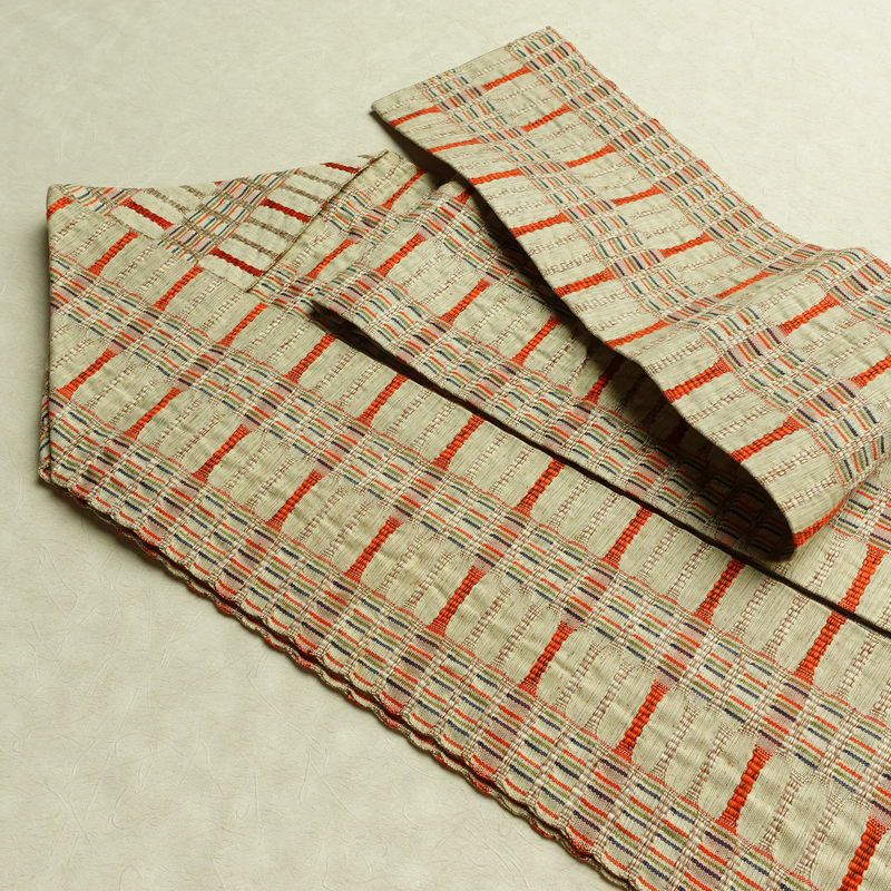 名古屋帯 全通柄 良品 正絹 幾何学柄・抽象柄 名古屋仕立て なごや帯 リサイクル帯 帯 おしゃれ 紬地 ベージュ_画像20