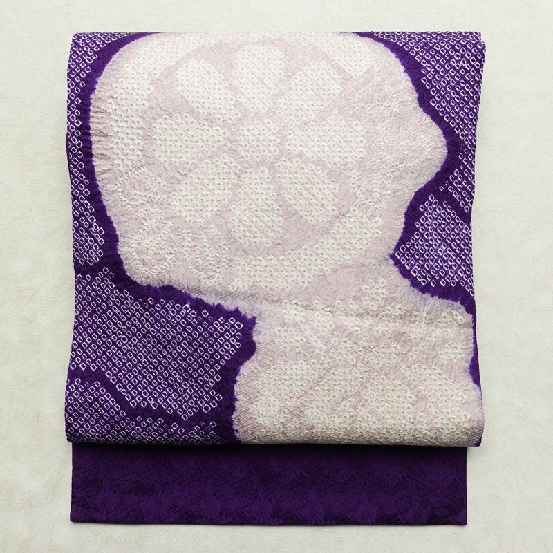 名古屋帯 太鼓柄 絞り 綸子 正絹 古典柄 名古屋仕立て なごや帯 リサイクル帯 帯 紫・藤色_画像1