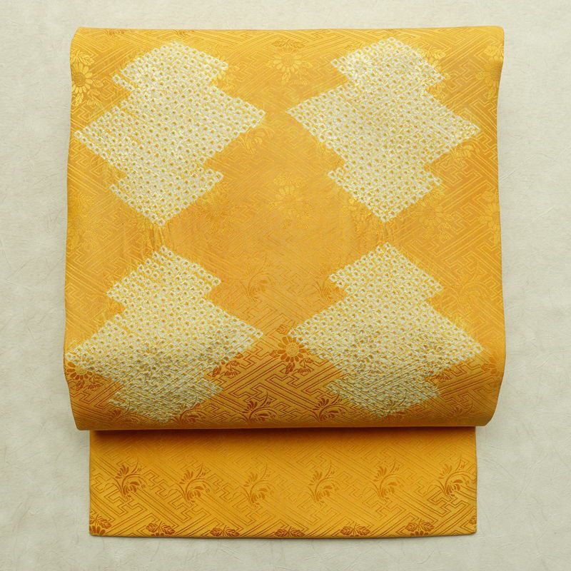 名古屋帯 太鼓柄 絞り 綸子 正絹 古典柄 名古屋仕立て なごや帯 リサイクル帯 帯 黄・黄土色_画像1