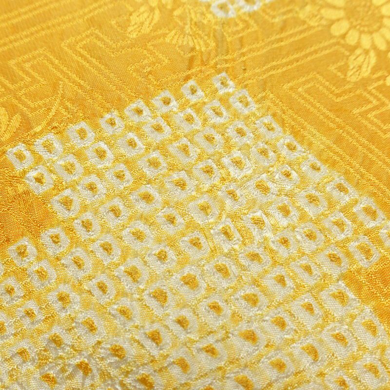 名古屋帯 太鼓柄 絞り 綸子 正絹 古典柄 名古屋仕立て なごや帯 リサイクル帯 帯 黄・黄土色_画像4