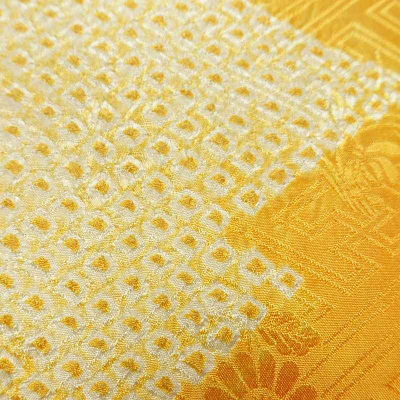 名古屋帯 太鼓柄 絞り 綸子 正絹 古典柄 名古屋仕立て なごや帯 リサイクル帯 帯 黄・黄土色_画像5