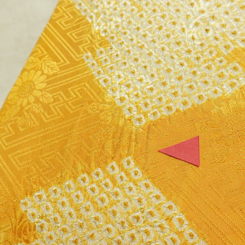 名古屋帯 太鼓柄 絞り 綸子 正絹 古典柄 名古屋仕立て なごや帯 リサイクル帯 帯 黄・黄土色_画像8