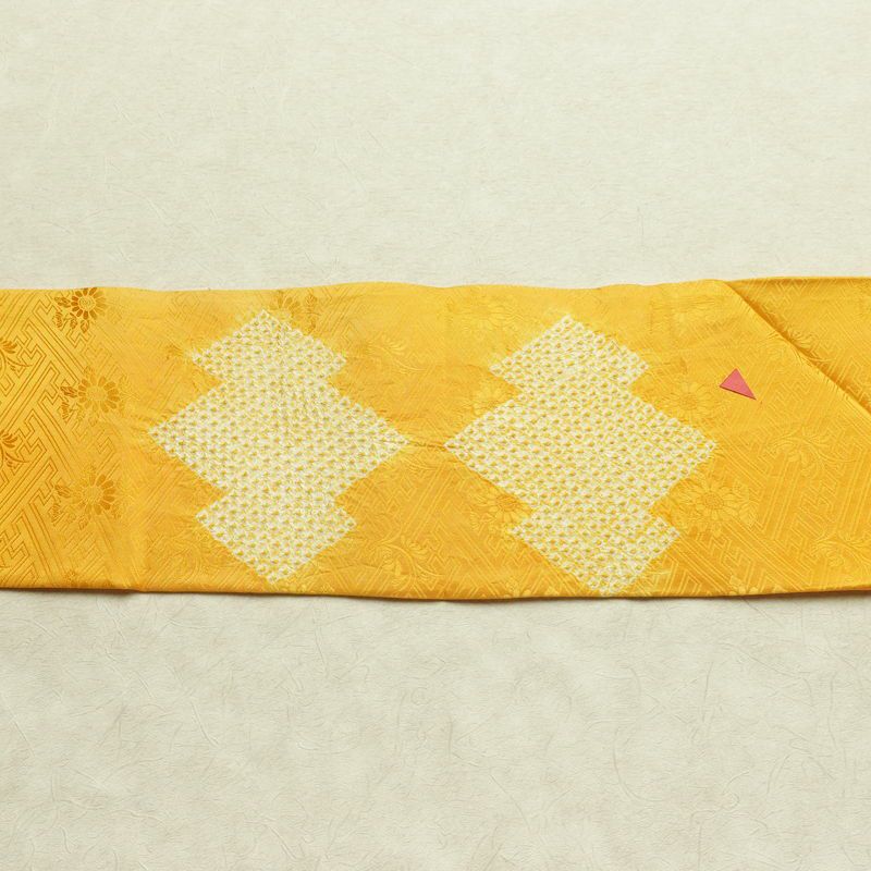 名古屋帯 太鼓柄 絞り 綸子 正絹 古典柄 名古屋仕立て なごや帯 リサイクル帯 帯 黄・黄土色_画像14