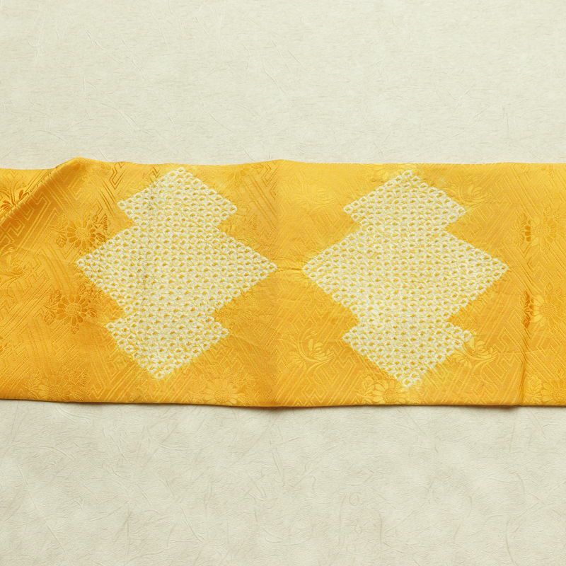 名古屋帯 太鼓柄 絞り 綸子 正絹 古典柄 名古屋仕立て なごや帯 リサイクル帯 帯 黄・黄土色_画像16