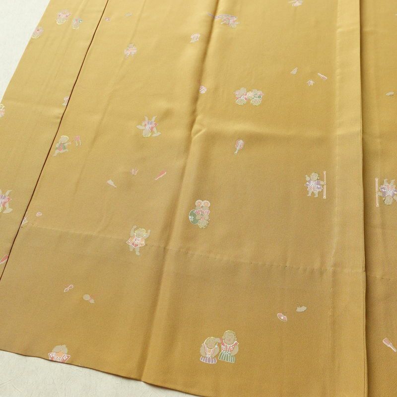 長襦袢 良品 猿 さる 正絹 人物・動物柄 袖無双・胴抜き 身丈121cm 裄丈63cm リサイクル着物 一部しつけ糸付き 着物 箔 黄・黄土色_画像4