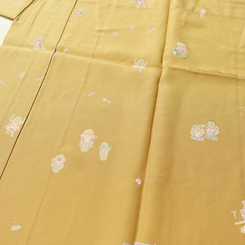 長襦袢 良品 猿 さる 正絹 人物・動物柄 袖無双・胴抜き 身丈121cm 裄丈63cm リサイクル着物 一部しつけ糸付き 着物 箔 黄・黄土色_画像5