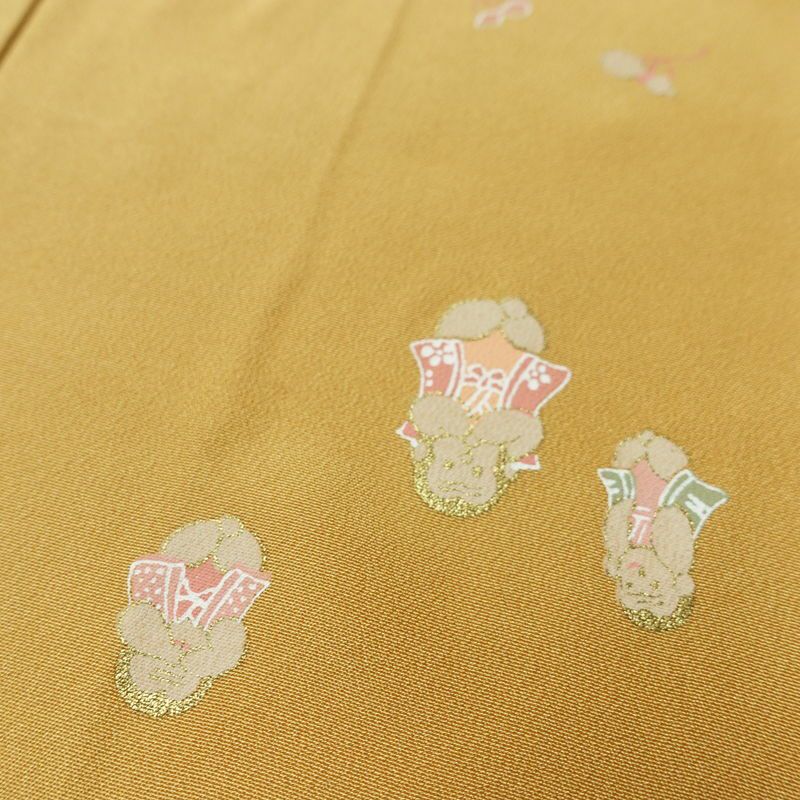 長襦袢 良品 猿 さる 正絹 人物・動物柄 袖無双・胴抜き 身丈121cm 裄丈63cm リサイクル着物 一部しつけ糸付き 着物 箔 黄・黄土色_画像7