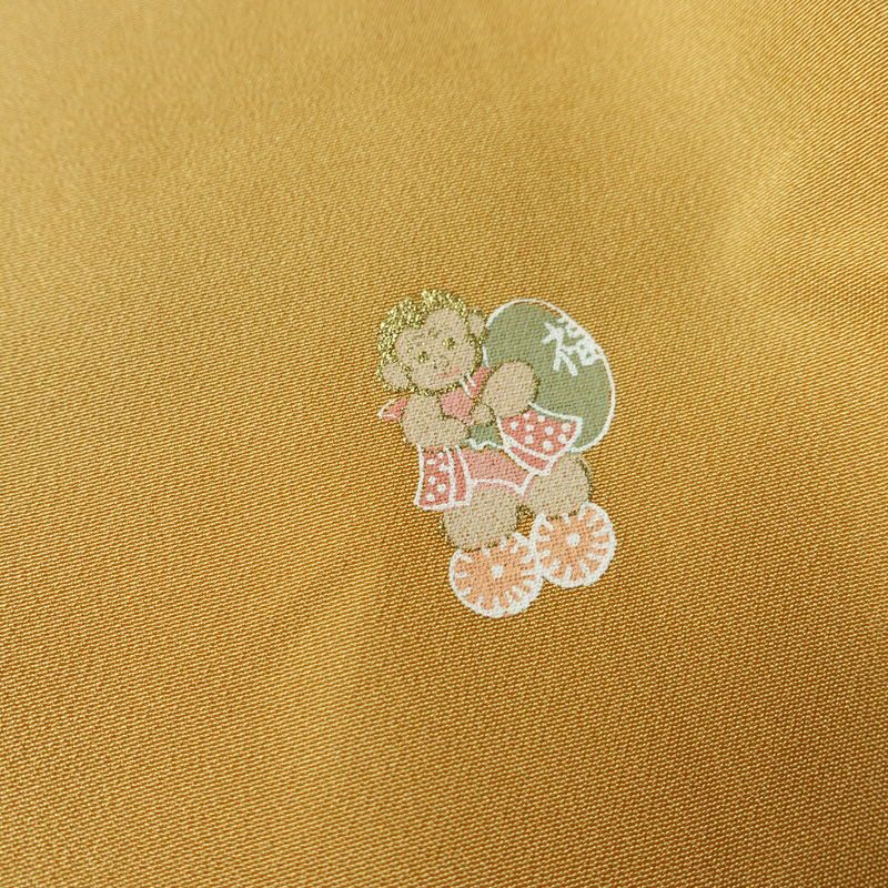 長襦袢 良品 猿 さる 正絹 人物・動物柄 袖無双・胴抜き 身丈121cm 裄丈63cm リサイクル着物 一部しつけ糸付き 着物 箔 黄・黄土色_画像8