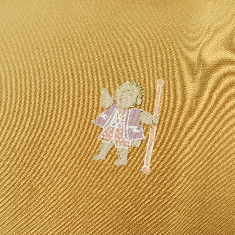 長襦袢 良品 猿 さる 正絹 人物・動物柄 袖無双・胴抜き 身丈121cm 裄丈63cm リサイクル着物 一部しつけ糸付き 着物 箔 黄・黄土色_画像10