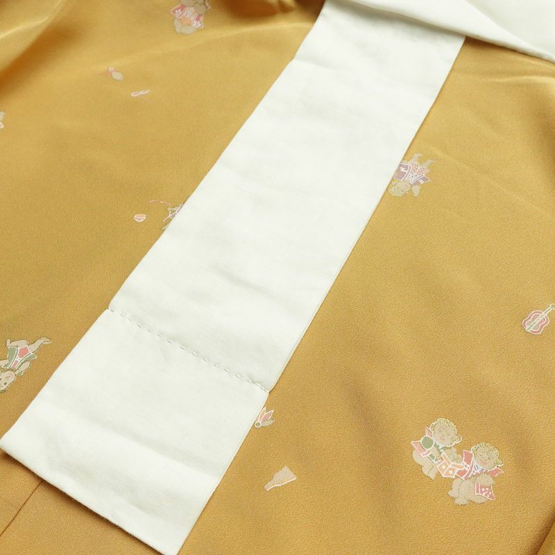 長襦袢 良品 猿 さる 正絹 人物・動物柄 袖無双・胴抜き 身丈121cm 裄丈63cm リサイクル着物 一部しつけ糸付き 着物 箔 黄・黄土色_画像14