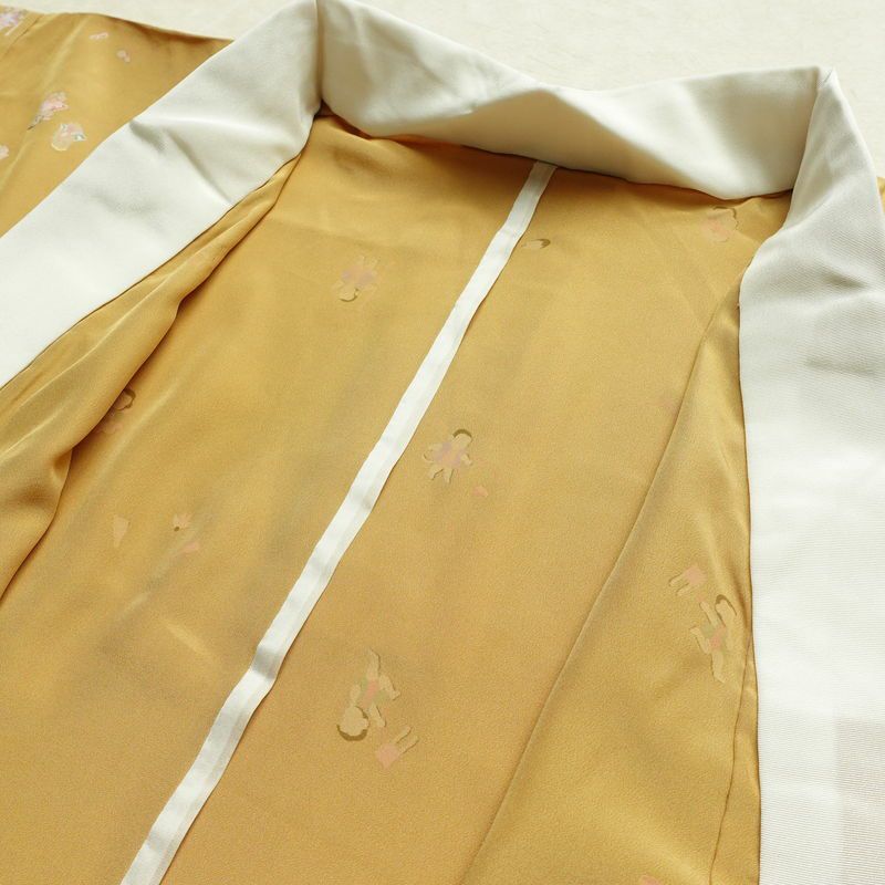 長襦袢 良品 猿 さる 正絹 人物・動物柄 袖無双・胴抜き 身丈121cm 裄丈63cm リサイクル着物 一部しつけ糸付き 着物 箔 黄・黄土色_画像19
