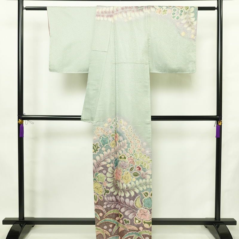 訪問着 美品 絞り 辻が花 一つ紋付き 伊達衿付き 正絹 花柄 袷仕立て 身丈162.5cm 裄丈68.5cm リサイクル着物 着物 入学式 卒業式 七五三 パーティー お宮参り フォーマル 青・紺_画像2