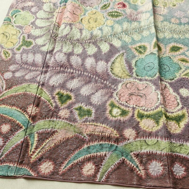 訪問着 美品 絞り 辻が花 一つ紋付き 伊達衿付き 正絹 花柄 袷仕立て 身丈162.5cm 裄丈68.5cm リサイクル着物 着物 入学式 卒業式 七五三 パーティー お宮参り フォーマル 青・紺_画像4