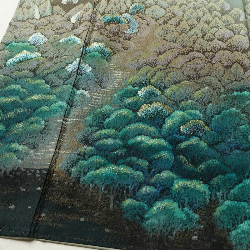 付け下げ 落款入り ふくれ織 正絹 風景柄 袷仕立て 身丈154cm 裄丈63.5cm リサイクル着物 着物 刺繍 金彩 フォーマル 緑・うぐいす色_画像4