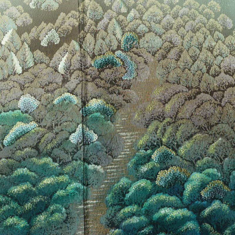 付け下げ 落款入り ふくれ織 正絹 風景柄 袷仕立て 身丈154cm 裄丈63.5cm リサイクル着物 着物 刺繍 金彩 フォーマル 緑・うぐいす色_画像6