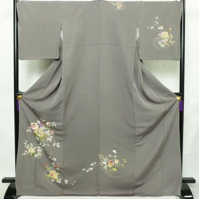 訪問着 正絹 花柄 袷仕立て 身丈172cm 裄丈69.5cm リサイクル着物 着物 金彩 入学式 卒業式 七五三 お宮参り フォーマル グレー