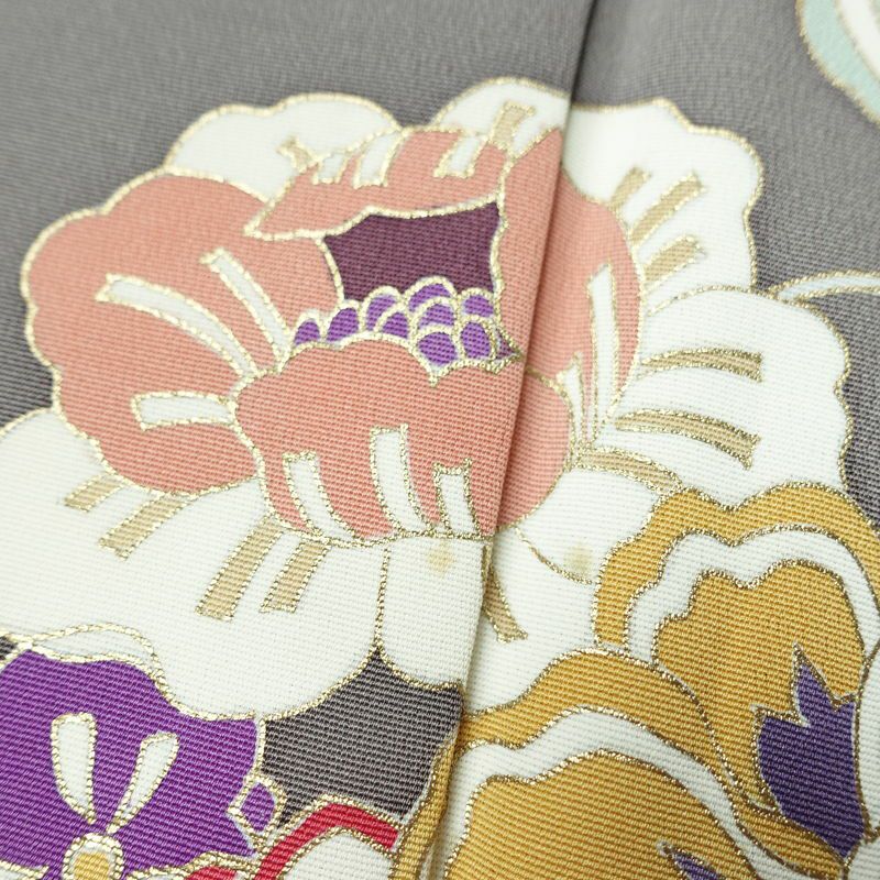 訪問着 正絹 花柄 袷仕立て 身丈172cm 裄丈69.5cm リサイクル着物 着物 金彩 入学式 卒業式 七五三 お宮参り フォーマル グレー_画像8