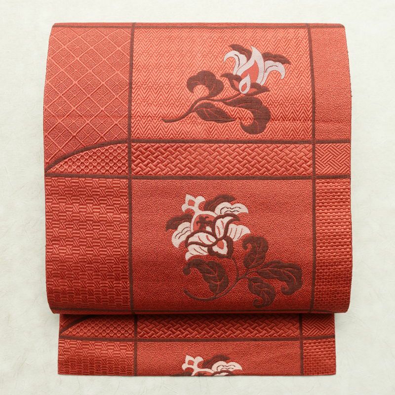 名古屋帯 六通柄 美品 正絹 花柄 名古屋仕立て なごや帯 リサイクル帯 帯 赤・朱_画像1