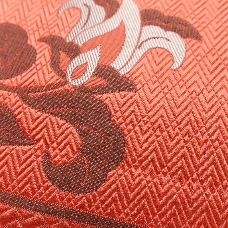 名古屋帯 六通柄 美品 正絹 花柄 名古屋仕立て なごや帯 リサイクル帯 帯 赤・朱_画像5