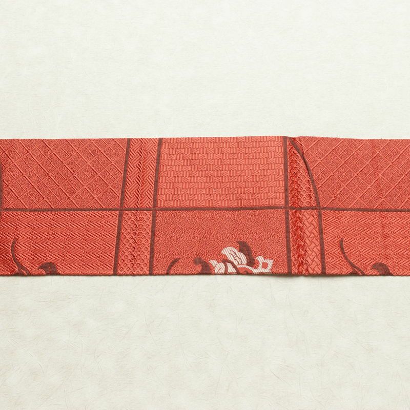名古屋帯 六通柄 美品 正絹 花柄 名古屋仕立て なごや帯 リサイクル帯 帯 赤・朱_画像13