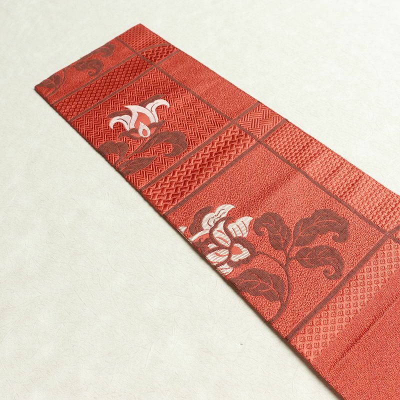 名古屋帯 六通柄 美品 正絹 花柄 名古屋仕立て なごや帯 リサイクル帯 帯 赤・朱_画像15