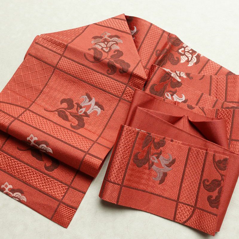 名古屋帯 六通柄 美品 正絹 花柄 名古屋仕立て なごや帯 リサイクル帯 帯 赤・朱_画像16