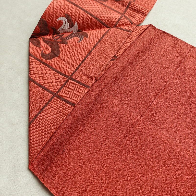 名古屋帯 六通柄 美品 正絹 花柄 名古屋仕立て なごや帯 リサイクル帯 帯 赤・朱_画像18