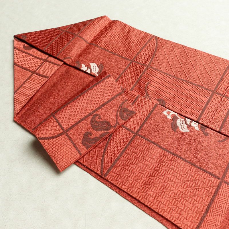 名古屋帯 六通柄 美品 正絹 花柄 名古屋仕立て なごや帯 リサイクル帯 帯 赤・朱_画像20