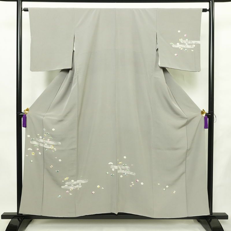訪問着 縮緬 正絹 古典柄 袷仕立て 身丈154.5cm 裄丈63.5cm リサイクル着物 着物 上品 グレー_画像1