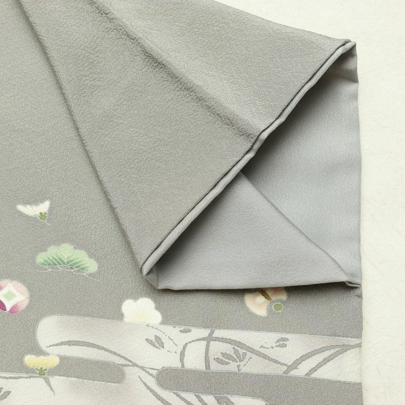 訪問着 縮緬 正絹 古典柄 袷仕立て 身丈154.5cm 裄丈63.5cm リサイクル着物 着物 上品 グレー_画像15