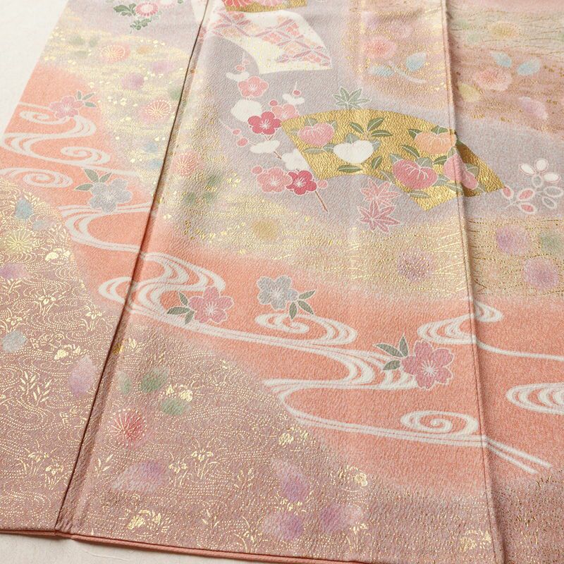 訪問着 美品 落款入り 金駒刺繍 正絹 古典柄 袷仕立て 身丈158.5cm 裄丈65.5cm リサイクル着物 着物 箔 金彩 扇面 ピンク_画像4