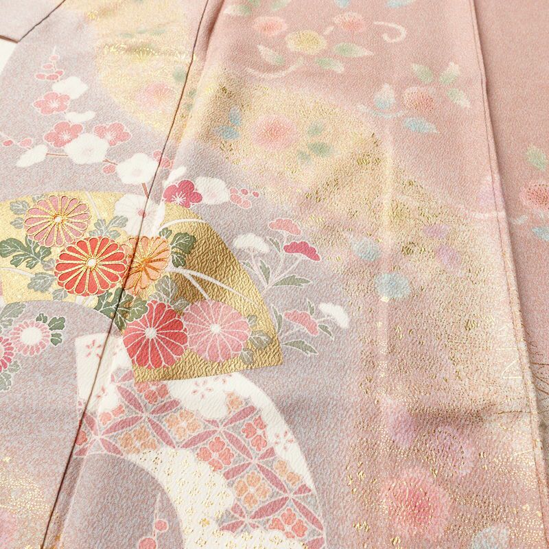訪問着 美品 落款入り 金駒刺繍 正絹 古典柄 袷仕立て 身丈158.5cm 裄丈65.5cm リサイクル着物 着物 箔 金彩 扇面 ピンク_画像5