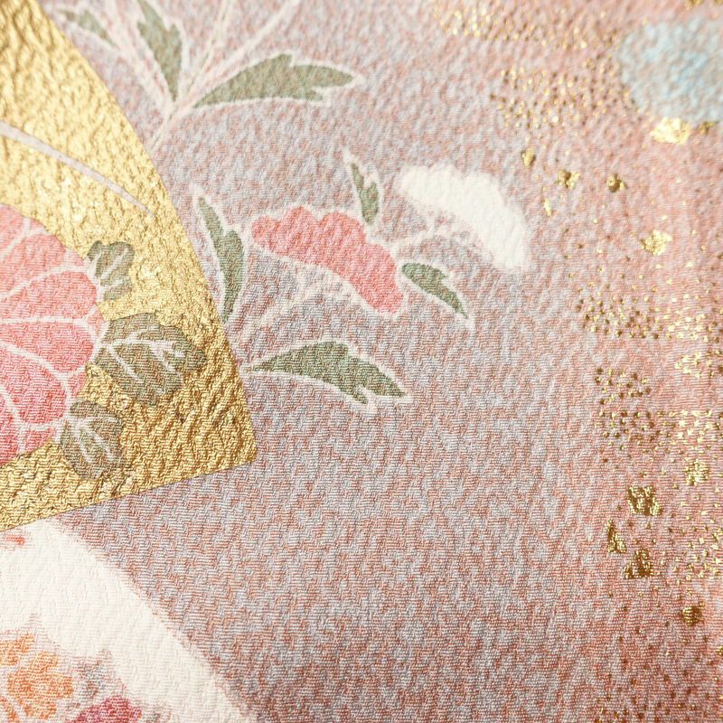 訪問着 美品 落款入り 金駒刺繍 正絹 古典柄 袷仕立て 身丈158.5cm 裄丈65.5cm リサイクル着物 着物 箔 金彩 扇面 ピンク_画像8