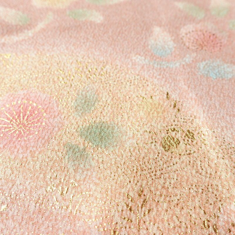 訪問着 美品 落款入り 金駒刺繍 正絹 古典柄 袷仕立て 身丈158.5cm 裄丈65.5cm リサイクル着物 着物 箔 金彩 扇面 ピンク_画像9