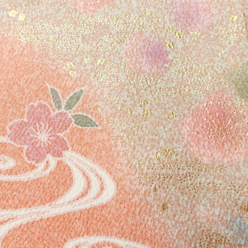 訪問着 美品 落款入り 金駒刺繍 正絹 古典柄 袷仕立て 身丈158.5cm 裄丈65.5cm リサイクル着物 着物 箔 金彩 扇面 ピンク_画像10