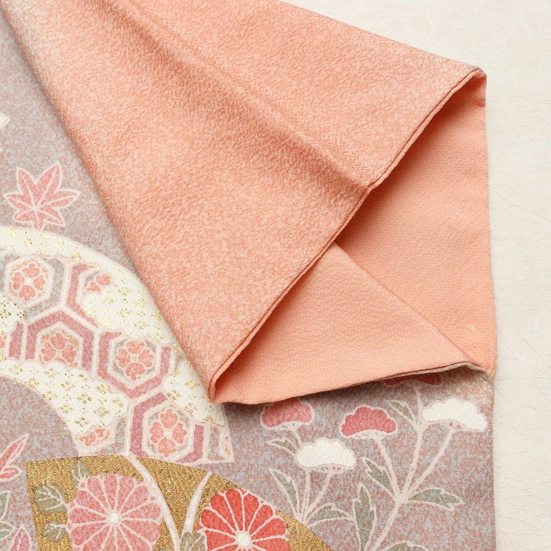 訪問着 美品 落款入り 金駒刺繍 正絹 古典柄 袷仕立て 身丈158.5cm 裄丈65.5cm リサイクル着物 着物 箔 金彩 扇面 ピンク_画像15