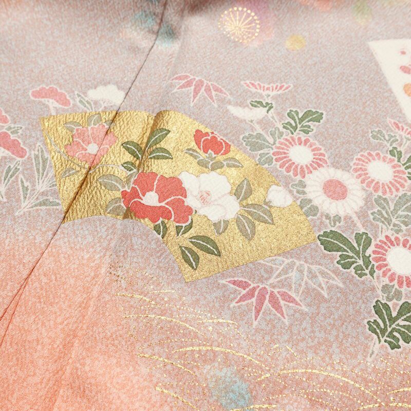 訪問着 美品 落款入り 金駒刺繍 正絹 古典柄 袷仕立て 身丈158.5cm 裄丈65.5cm リサイクル着物 着物 箔 金彩 扇面 ピンク_画像18