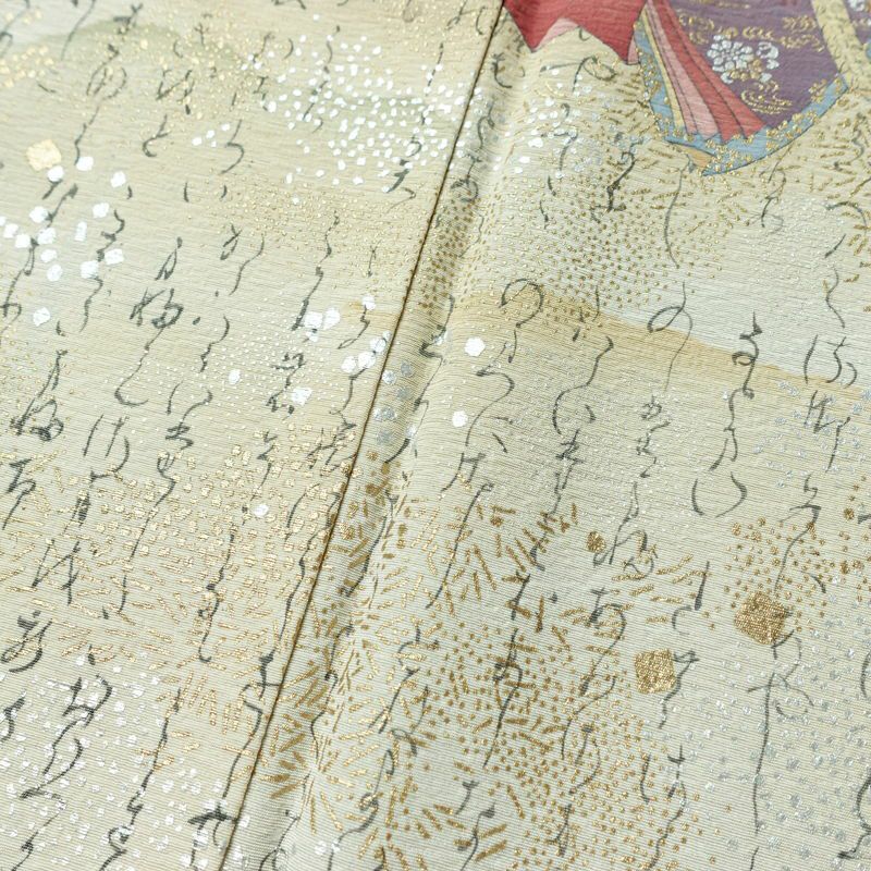 付け下げ 良品 樽本伊勢蔵 京友禅伝統工芸士 落款入り 一つ紋付き 正絹 人物・動物柄 袷仕立て 身丈157.5cm 裄丈65cm リサイクル着物 着物 箔 金彩 フォーマル 青・紺_画像9