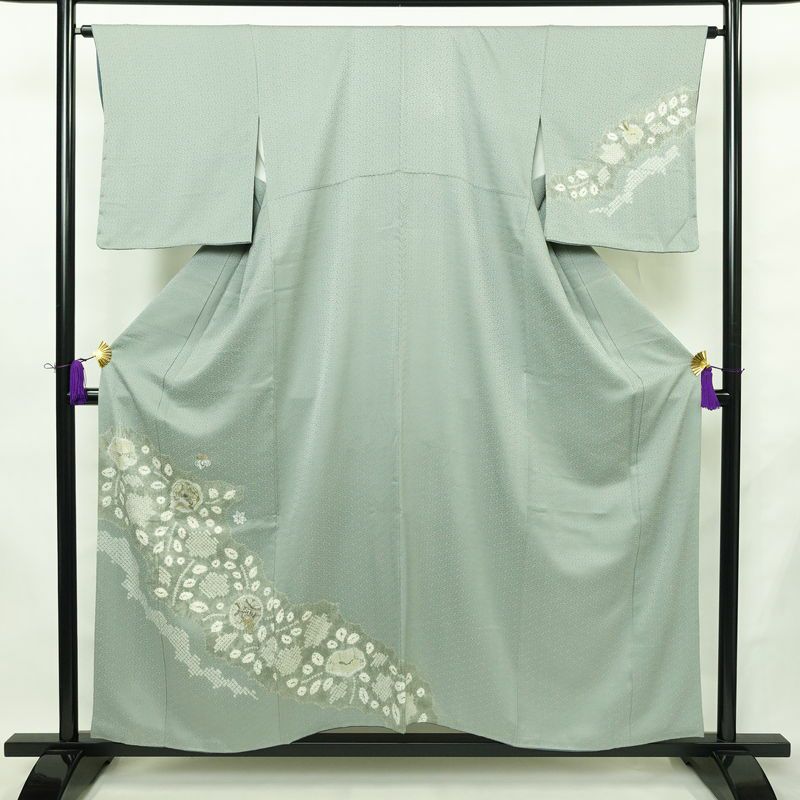 付け下げ 良品 綸子 しつけ糸付き 絞り 正絹 花柄 袷仕立て 身丈155.5cm 裄丈65cm リサイクル着物 着物 刺繍 入学式 卒業式 七五三 お宮参り フォーマル 上品 青・紺_画像1