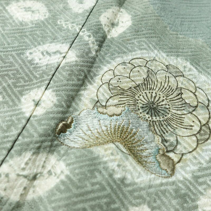 付け下げ 良品 綸子 しつけ糸付き 絞り 正絹 花柄 袷仕立て 身丈155.5cm 裄丈65cm リサイクル着物 着物 刺繍 入学式 卒業式 七五三 お宮参り フォーマル 上品 青・紺_画像7