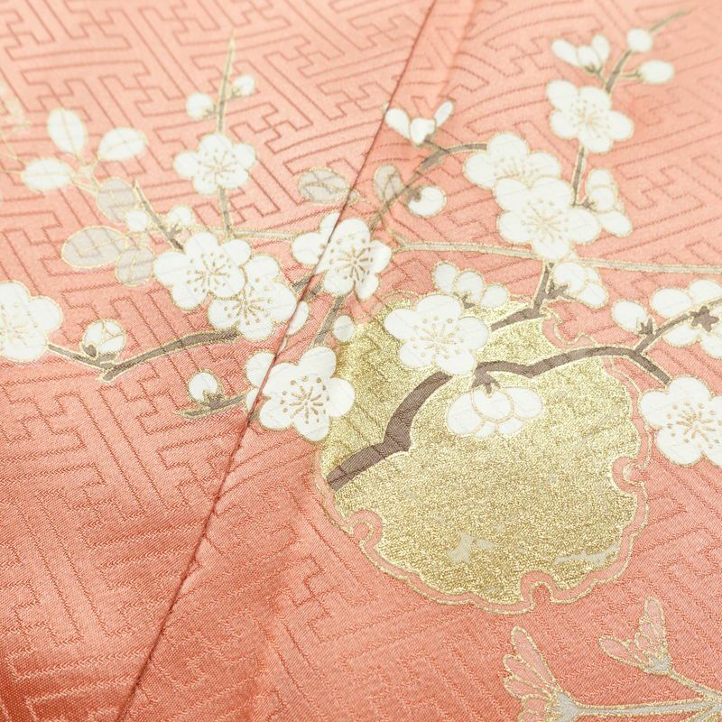 訪問着 良品 落款入り 綸子 正絹 木の葉・植物柄 袷仕立て 身丈159.5cm 裄丈63cm リサイクル着物 一部しつけ糸付き 着物 箔 刺繍 金彩 入学式 卒業式 七五三 お宮参り フォーマル 菊 萩 雪輪 サーモンピンク ピンク_画像19